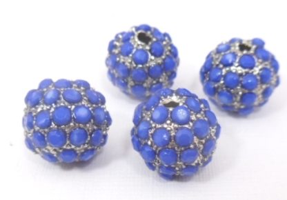 6 חרוזים מתכת משובצים קריסטל אקרילי כחול, 14ממ